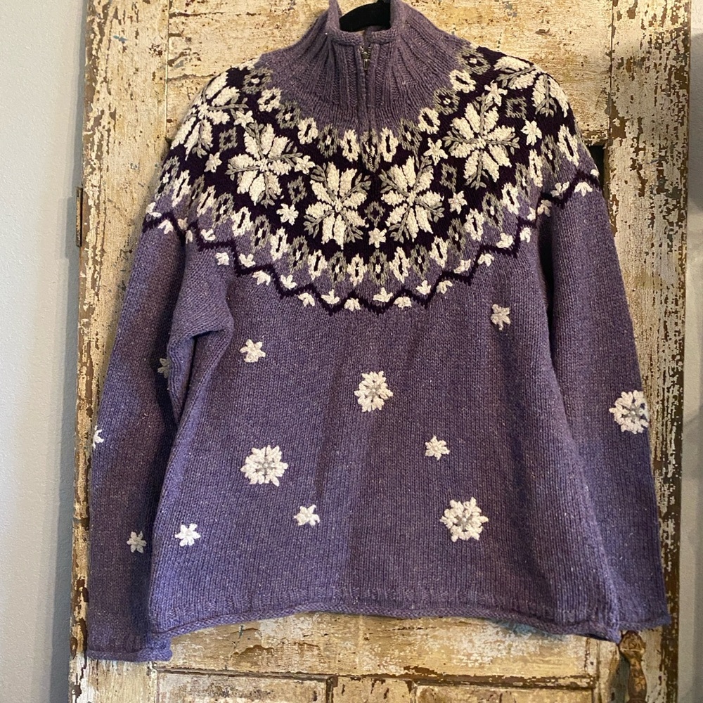 Coldwater Creek Purple Snowflake Fair Isle Zip-Neck Sweater